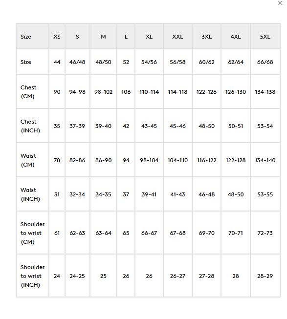Seeland Mens Fleece  Size Chart